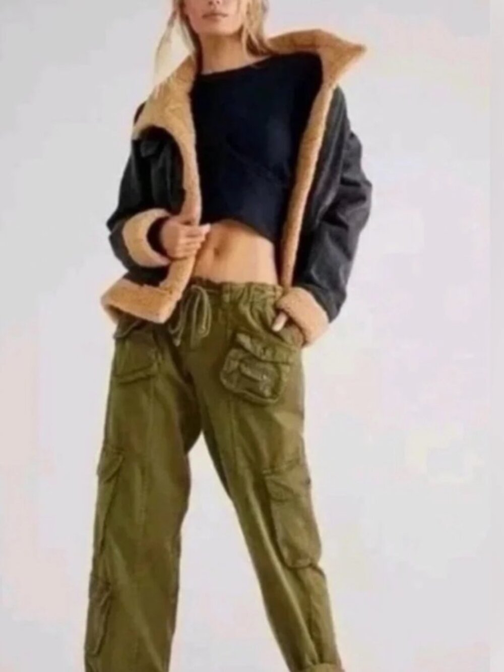 We The Free Tahiti Pull-On Khaki Boho Utility Slouchy Low Rise Cargo Pants Small